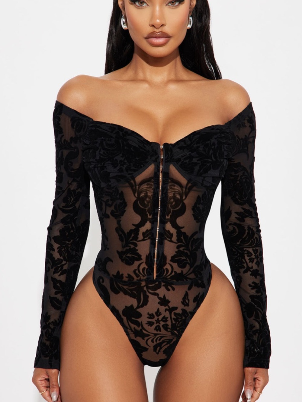 Fashion Nova Mi Amore Black Off-Shoulder Flocked Sheer Zip-Front Bodysuit